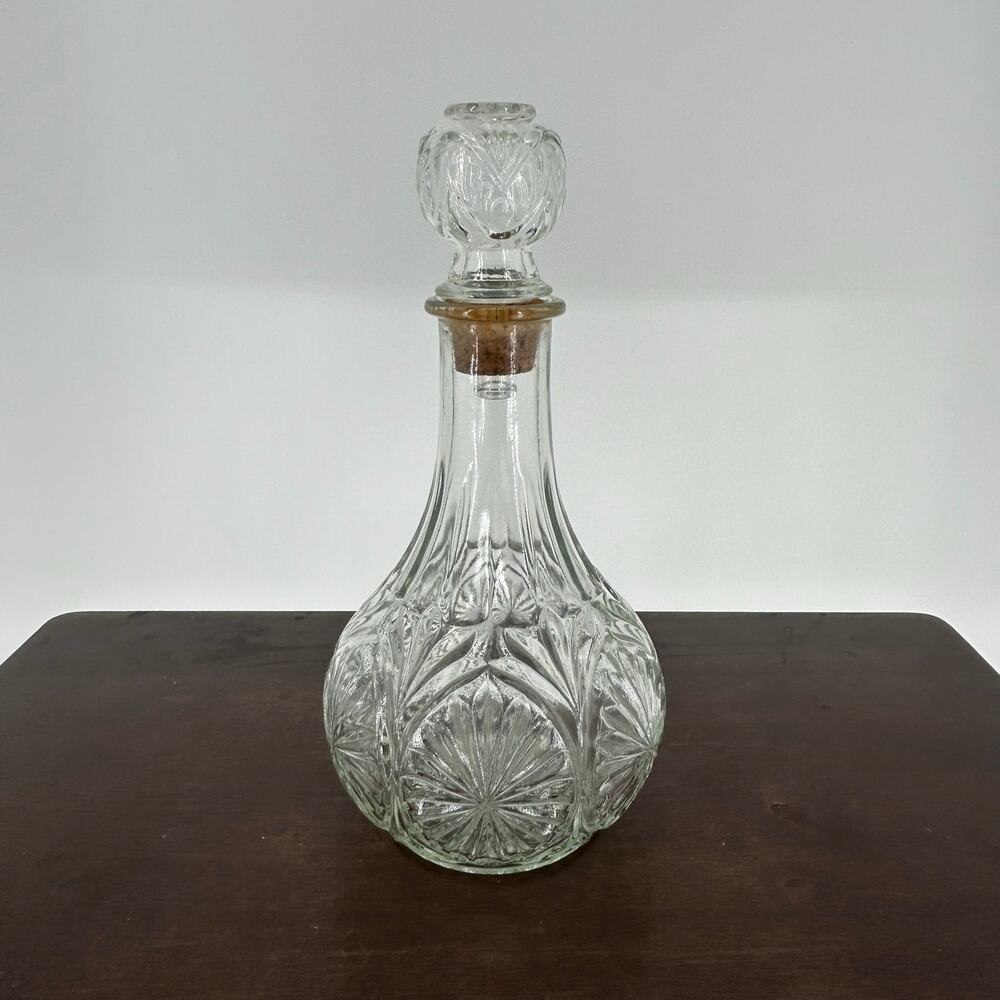 Vintage Cut Glass Decanter Bottle with Cork Stopper